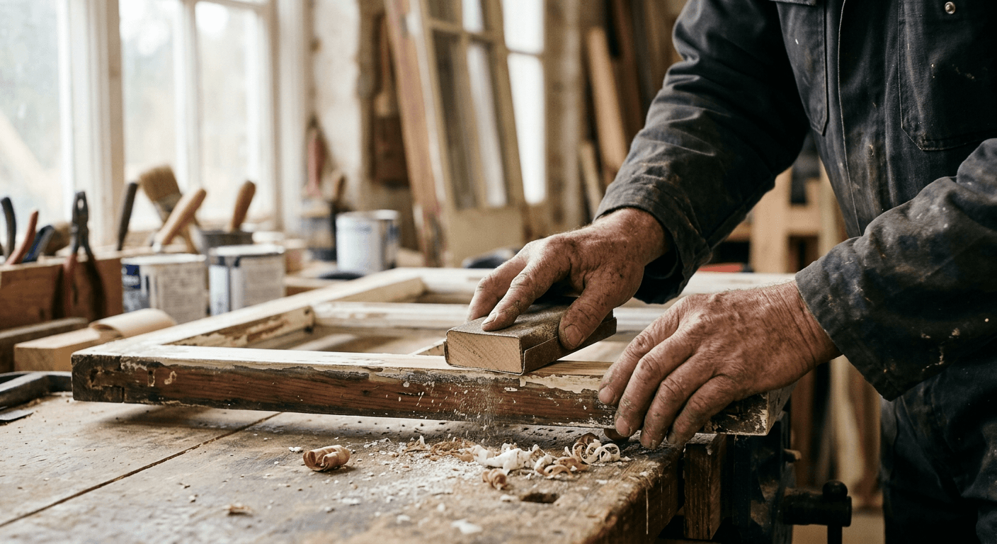 Close-up of hands sanding a painted timber sash window frame