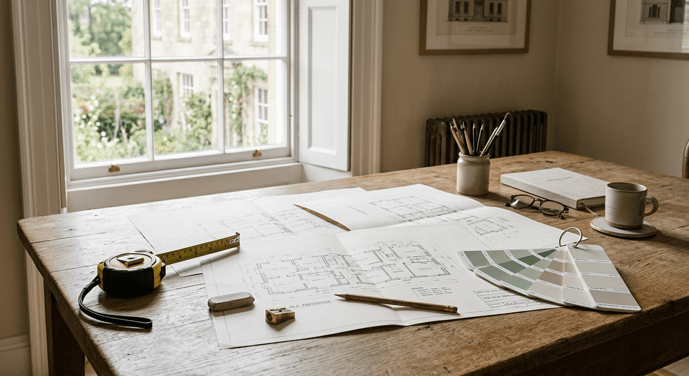 Floor plans, a tape measure and paint swatches laid out on a timber table