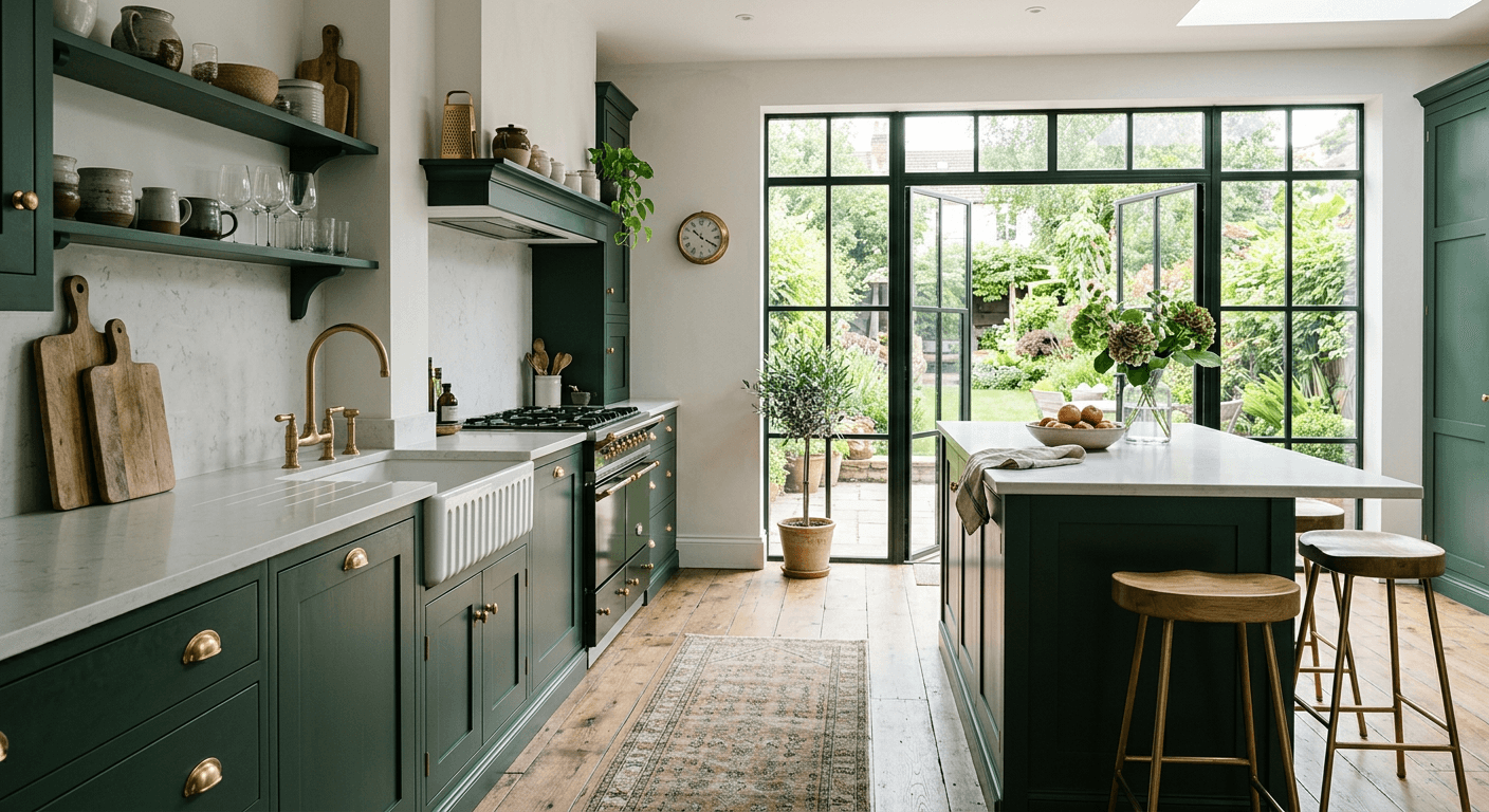 A renovated kitchen with deep green cabinetry, brass handles and stone worktops