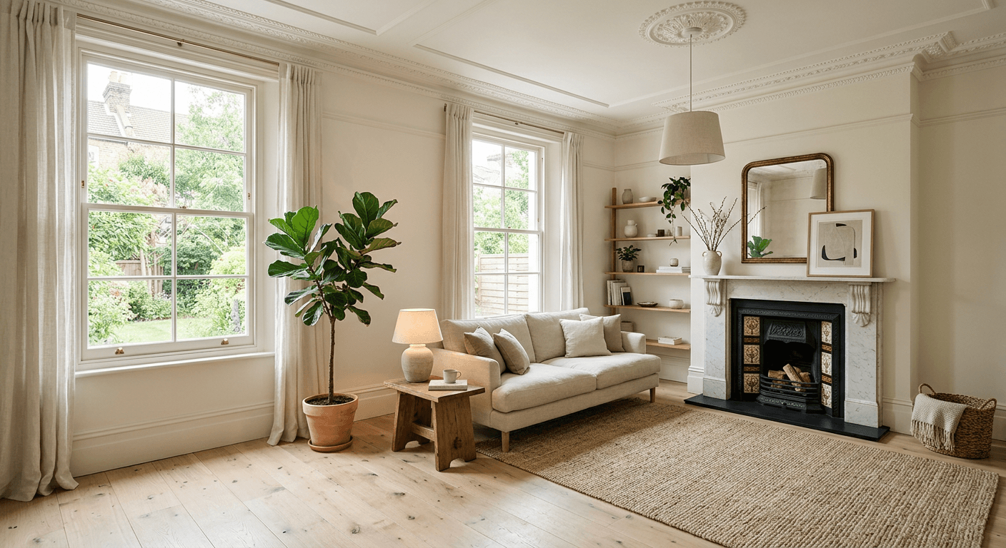 A bright renovated period living room with original cornicing, a restored fireplace and oak floorboards